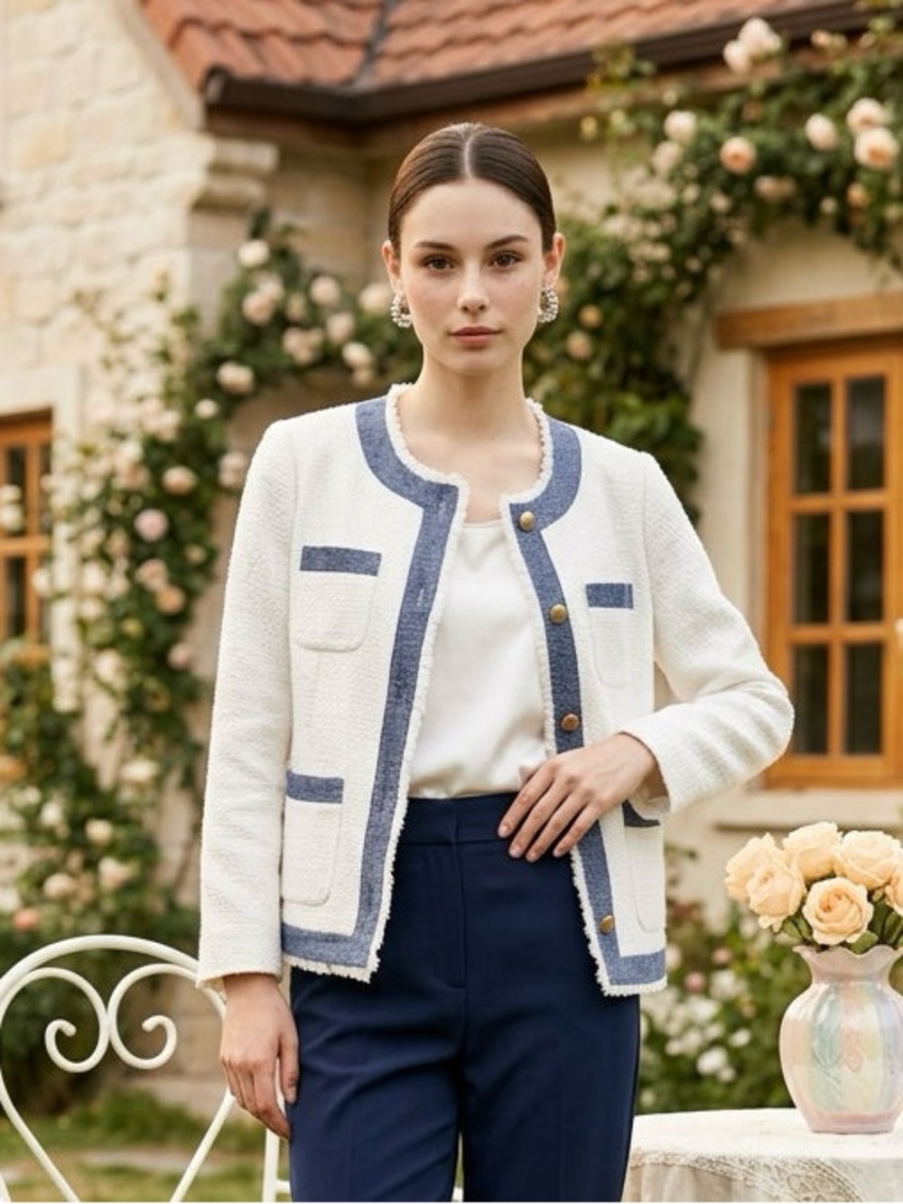 Talbots Petite Bouclé White Cotton Jacket Chambray Trim Fringe Gold Buttons